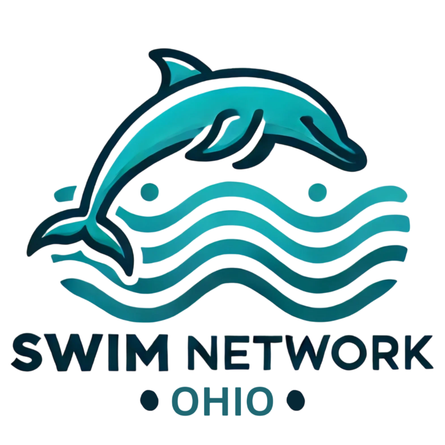 Dolphin jumping over wavy lines above SWIM Ohio Network text
